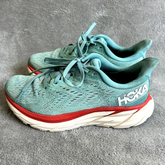 Hoka Shoes - Hoka Clifton 8 Women’s Aqua Bright Red Running Shoes Size 7 Cushioned Sneakers